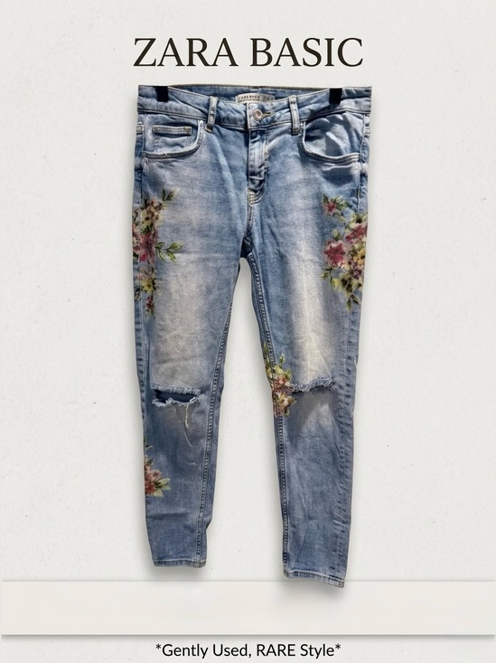 Zara Denim - Zara Basic Floral Print Distressed Skinny Jeans Size 4 EU 36 Light Wash Denim